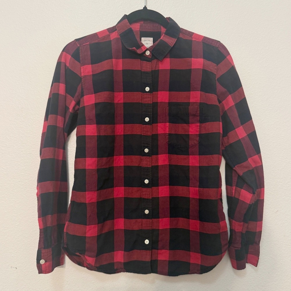 Women XS Shirt Red Black Buffalo Plaid Fitted Boyfriend Button Down AUTUMN CABIN